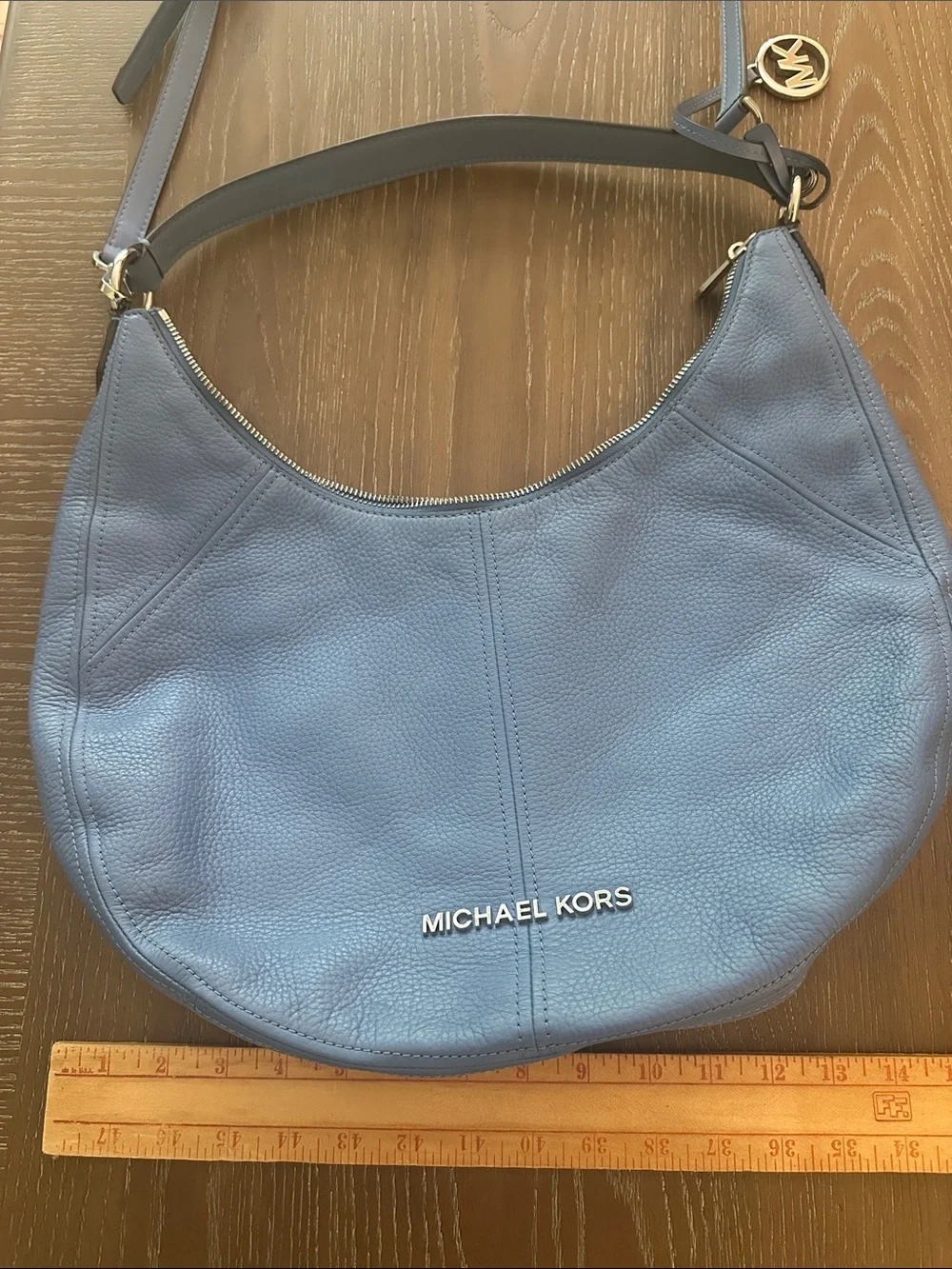 Michael Kors Slate Blue Pebbled Leather Hobo with Silver Logo Charm